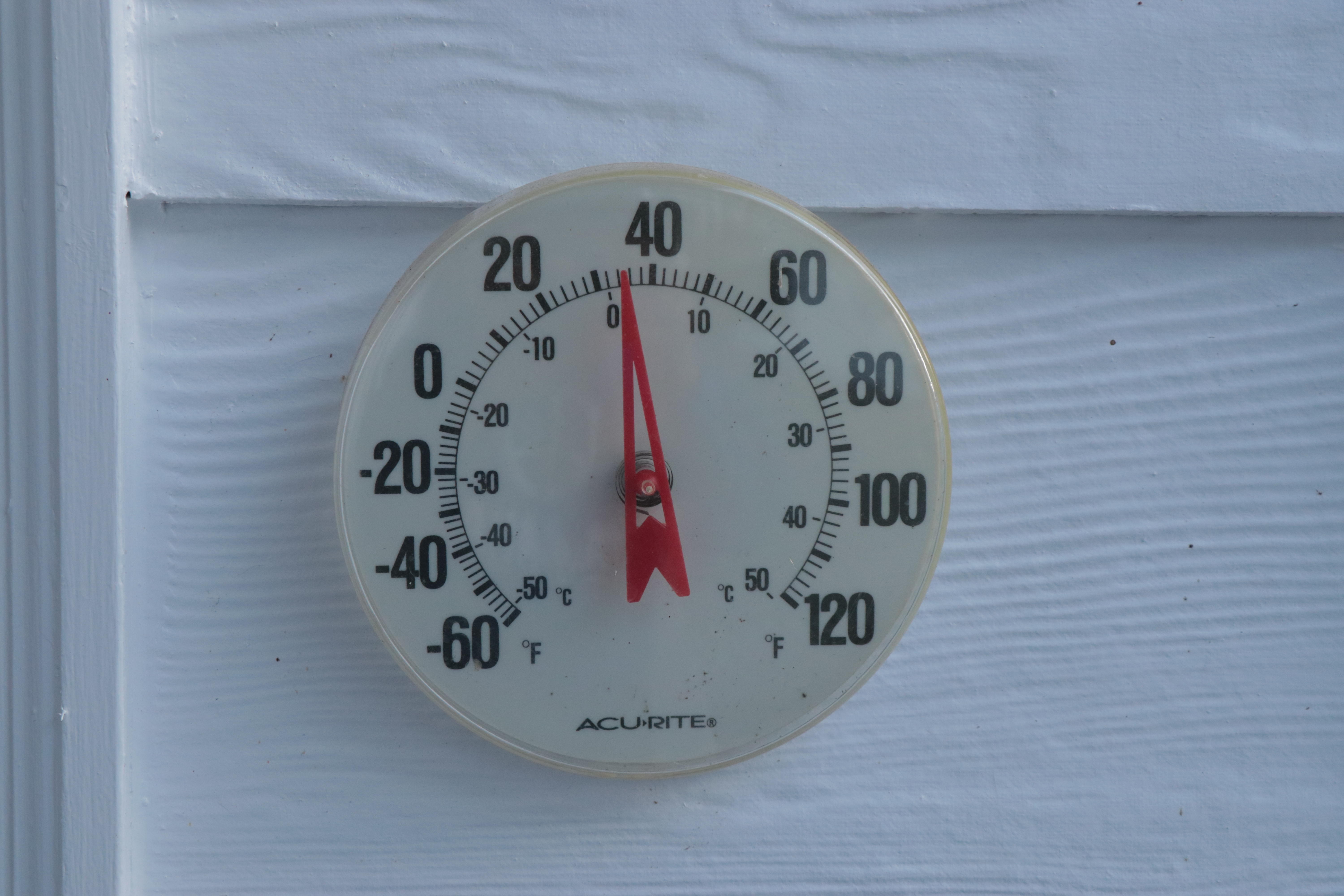 Patio thermometer reading 35 degrees F.